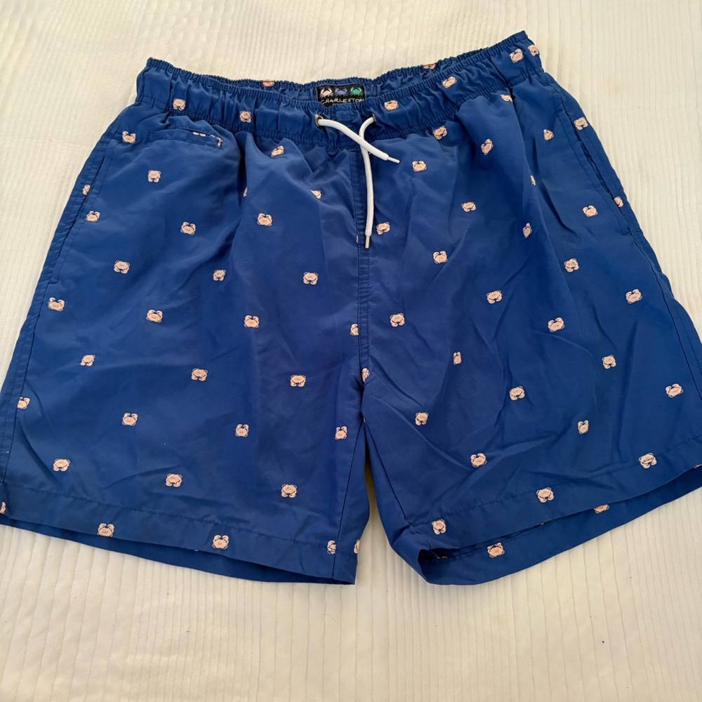 Charleston Threads Blue Swim Shorts with Embroidered Pink Crabs